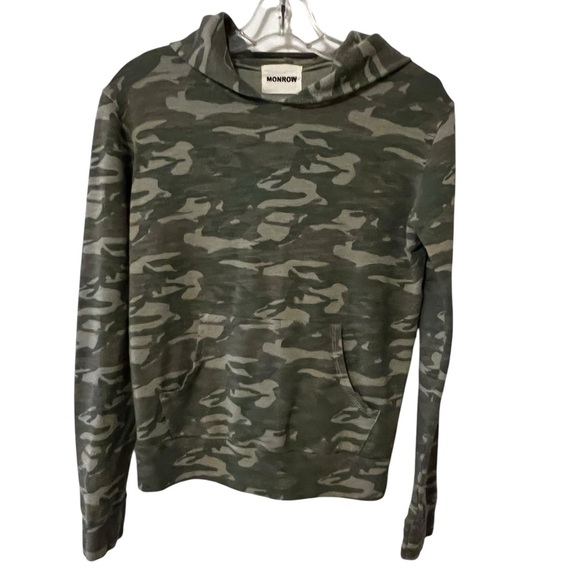 Monrow Pullover Hooded Sweatshirt Top Green Camo XS Lounge soft cozy athleisure - Picture 1 of 11